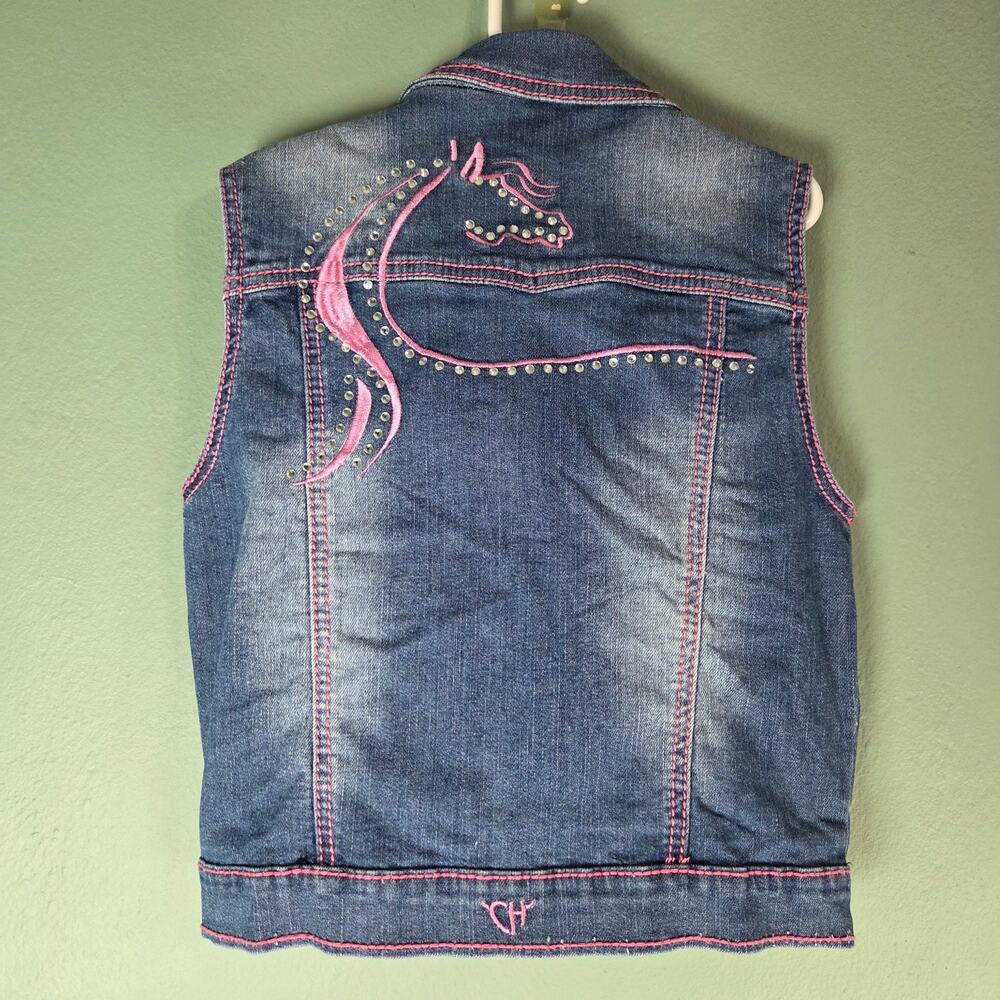 Cowgirl Hardware Girls Rhinestone Embroidered Horse Denim Sleeveless Vest Large